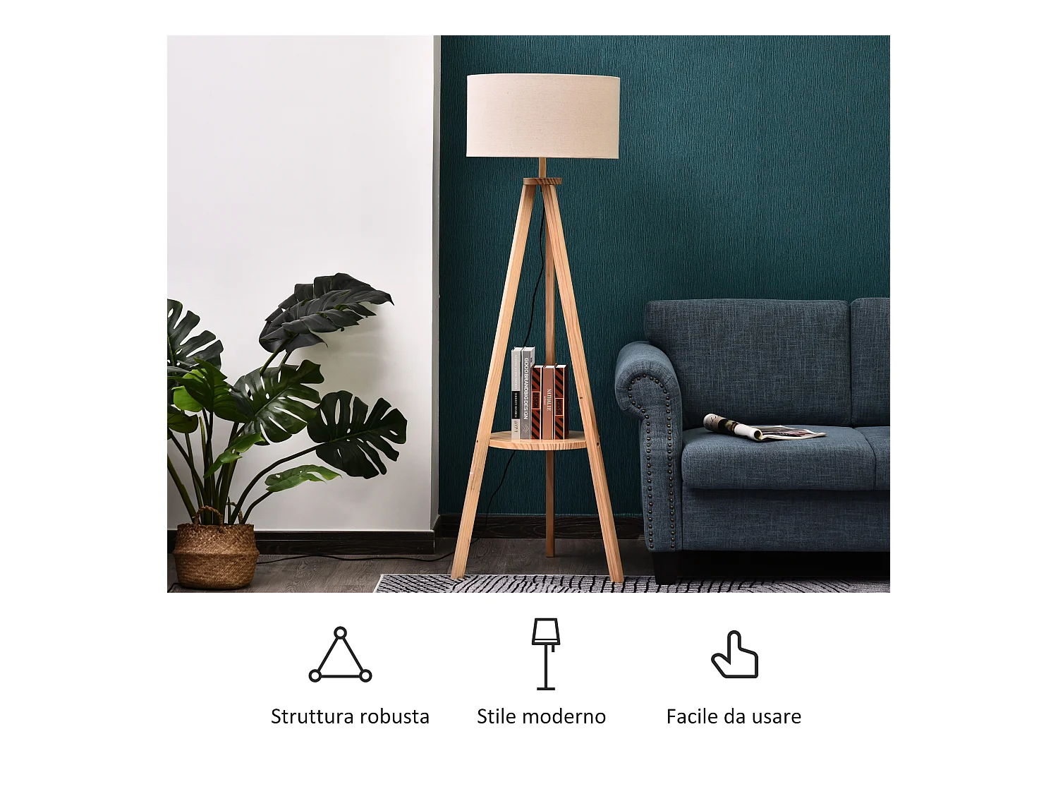 Lampada da terra con ripiano legno e paralume lino colore legno