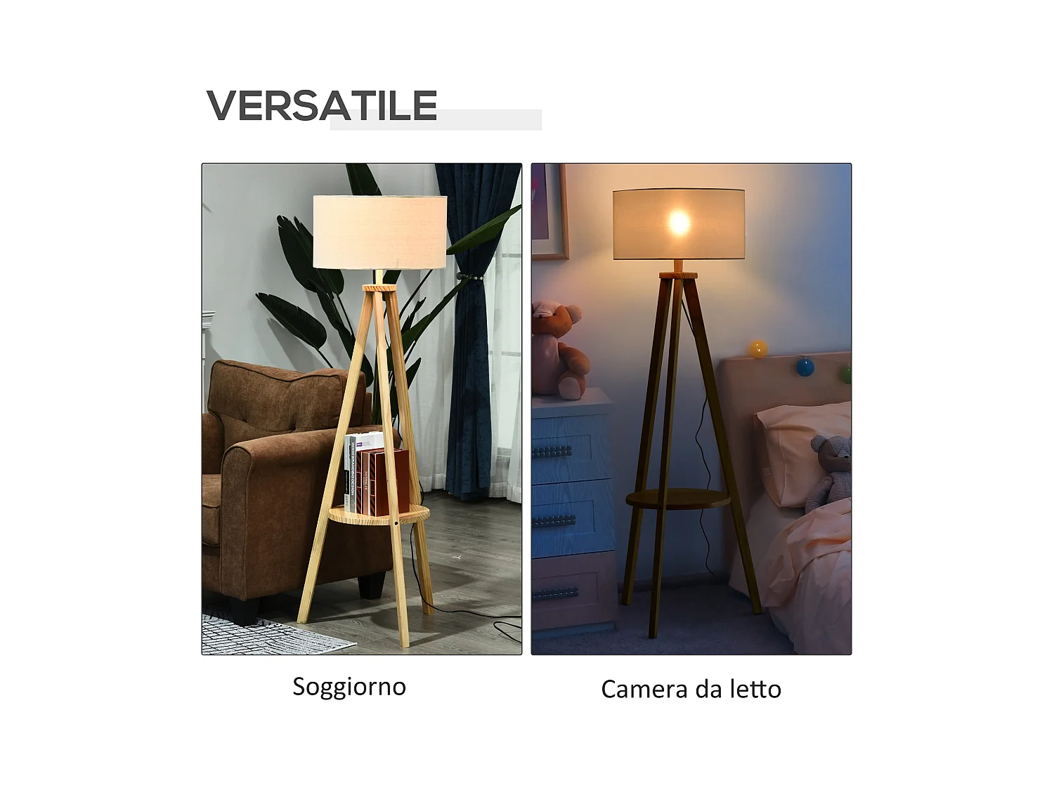 Lampada da terra con ripiano legno e paralume lino colore legno