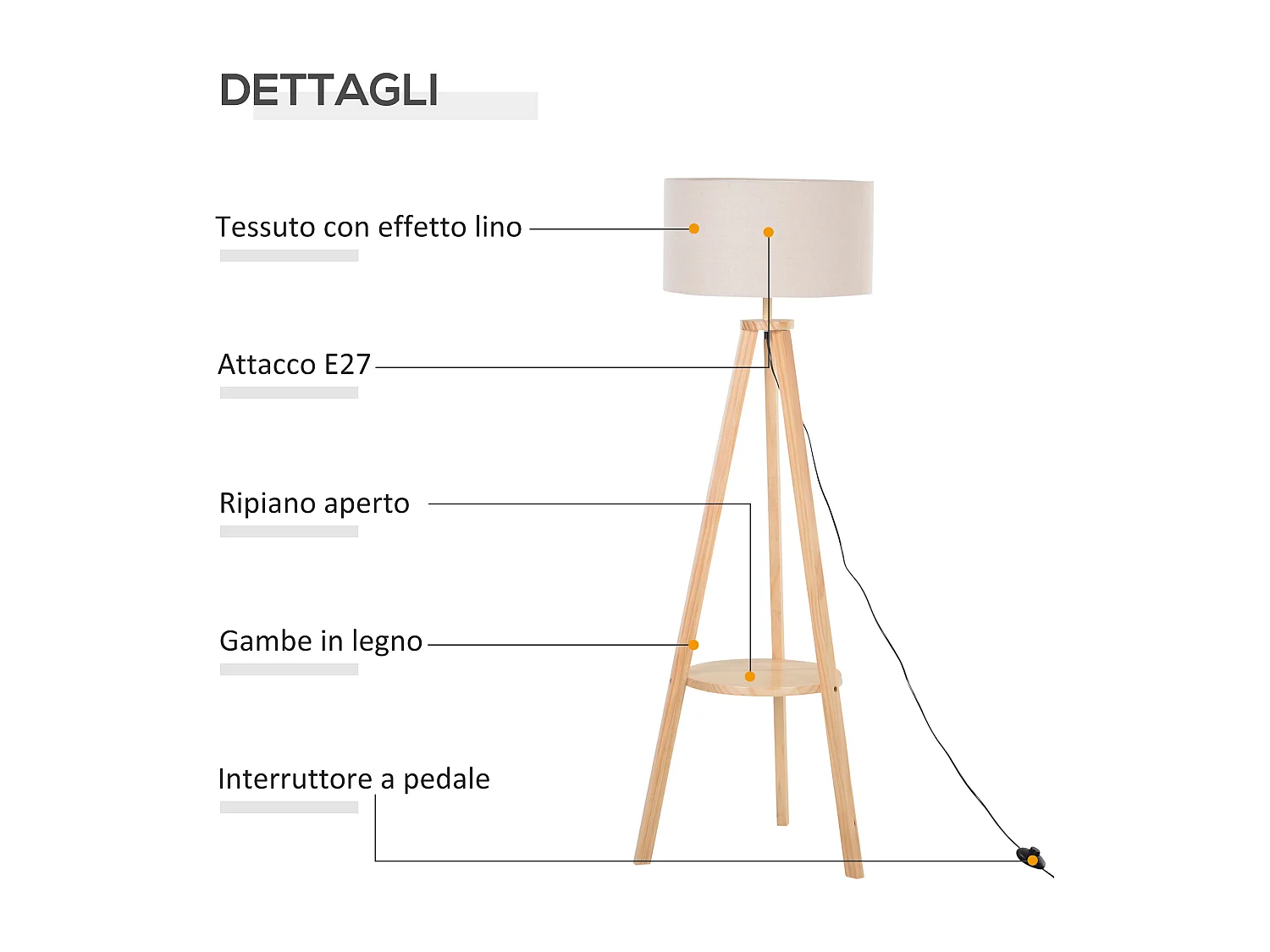 Lampada da terra con ripiano legno e paralume lino colore legno