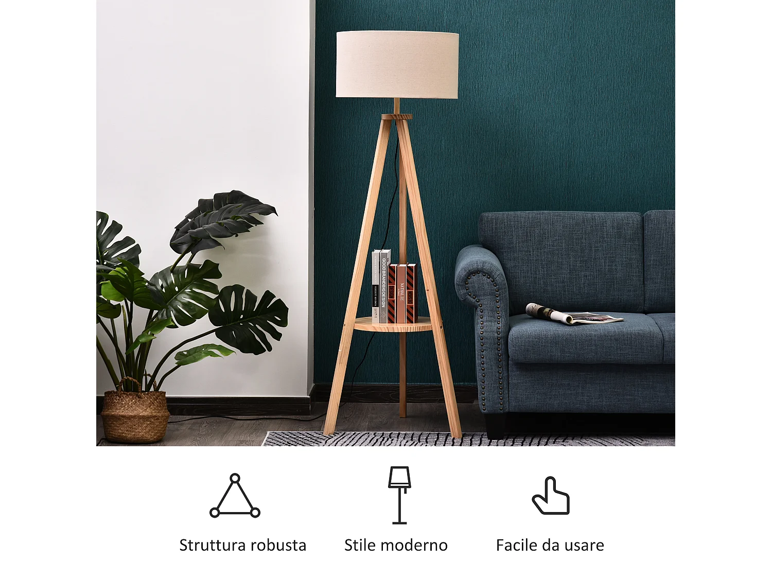 Lampada da terra con ripiano legno e paralume lino colore legno
