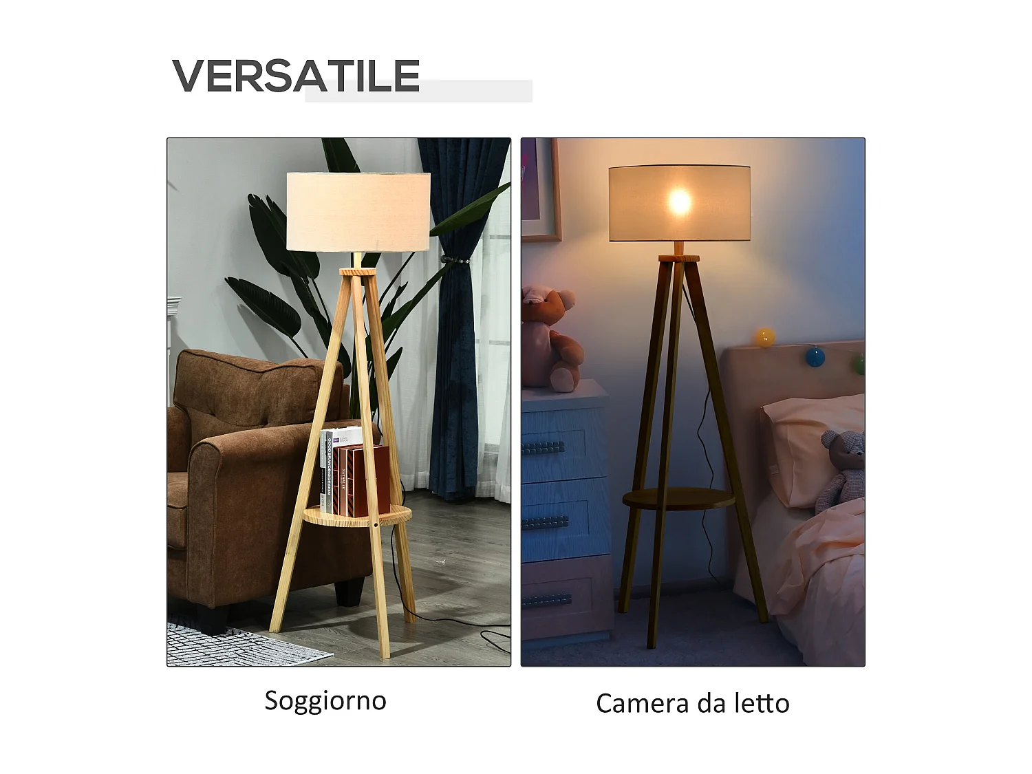 Lampada da terra con ripiano legno e paralume lino colore legno