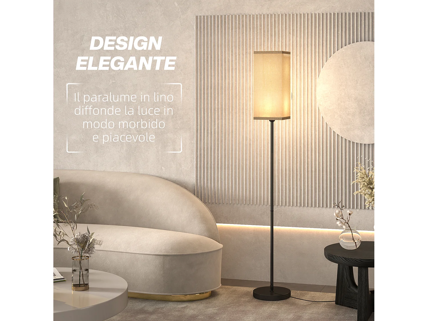 Lampada da terra in tessuto con interruttore a pedale nero e beige