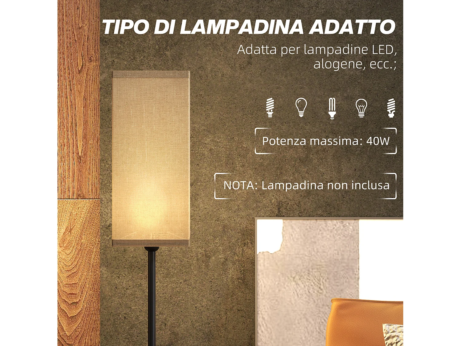 Lampada da terra in tessuto con interruttore a pedale nero e beige