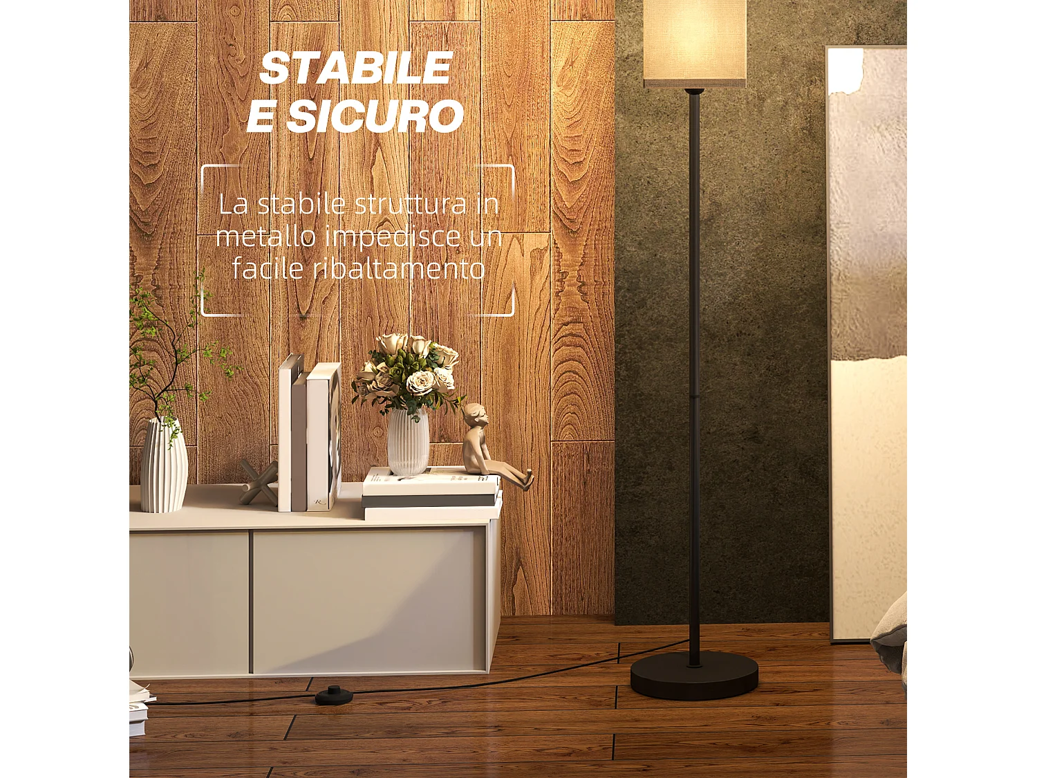 Lampada da terra in tessuto con interruttore a pedale nero e beige