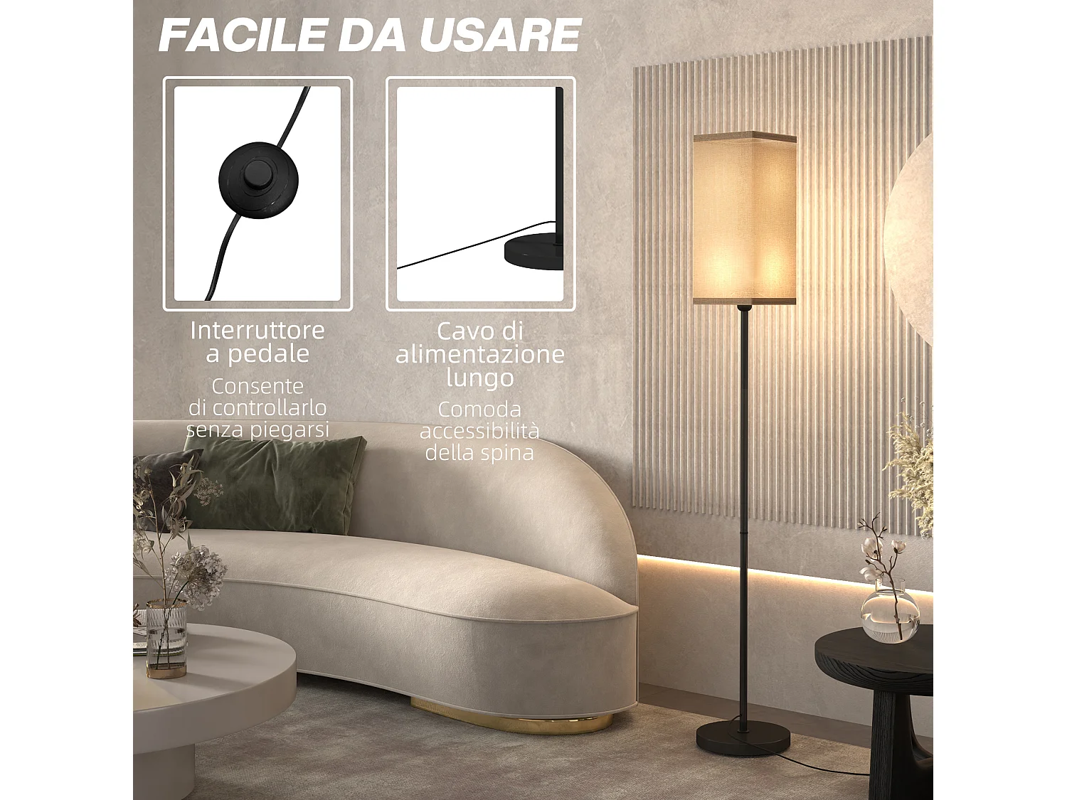 Lampada da terra in tessuto con interruttore a pedale nero e beige