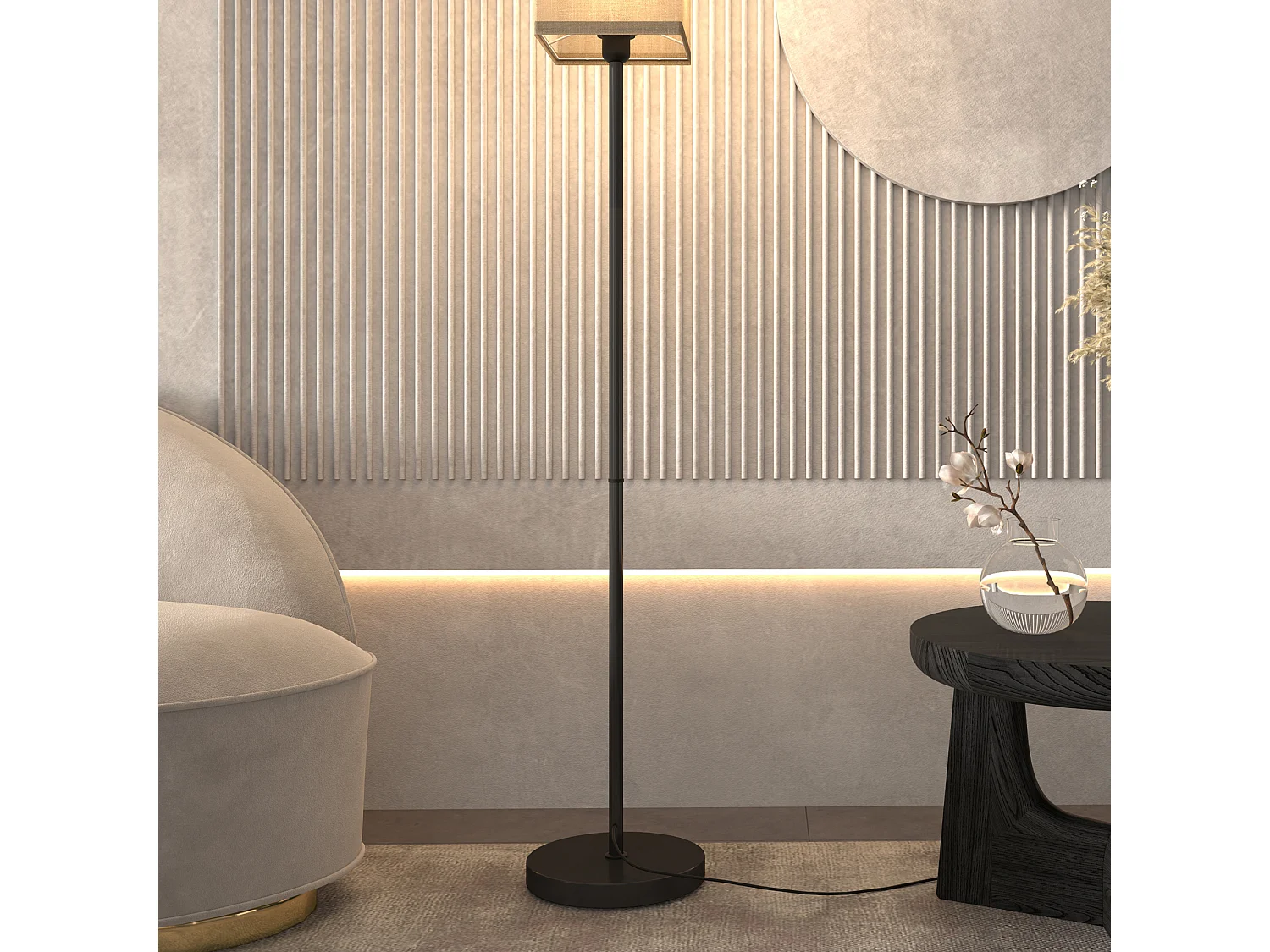 Lampada da terra in tessuto con interruttore a pedale nero e beige