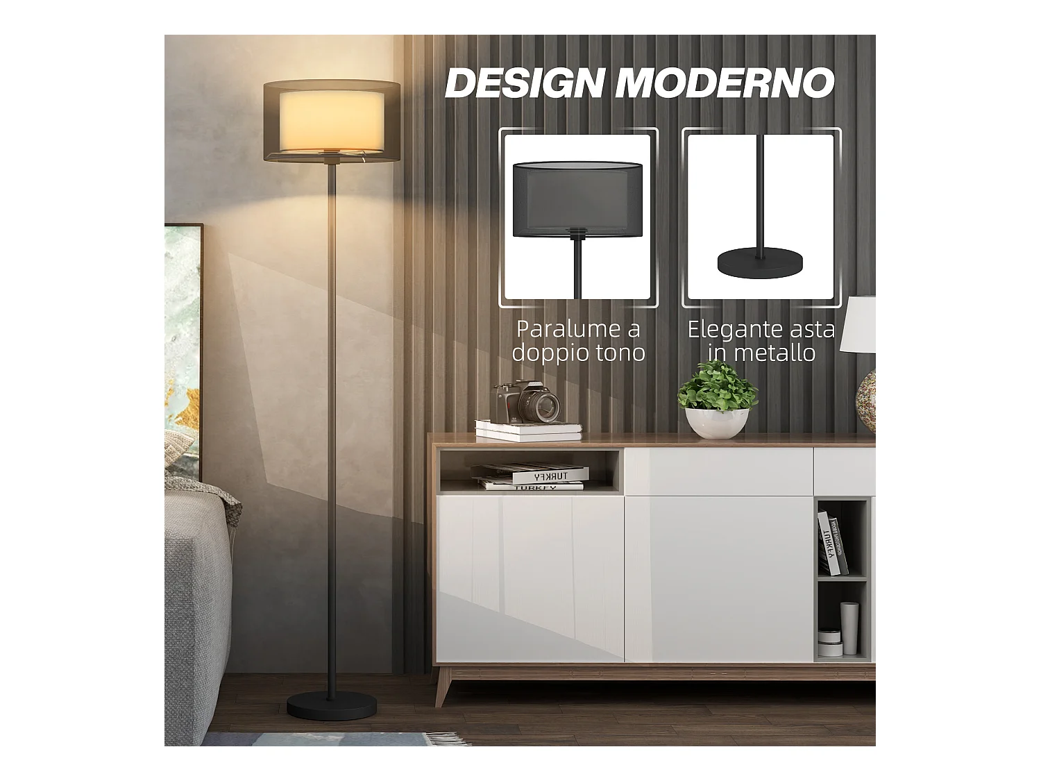 Lampada da terra moderna con doppio paralume e interruttore a pedale