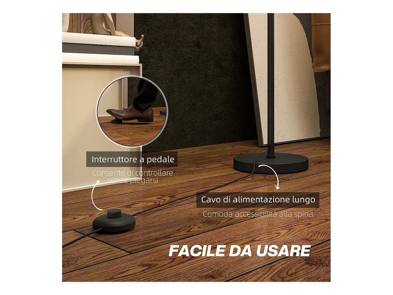 Lampada da terra moderna con doppio paralume e interruttore a pedale