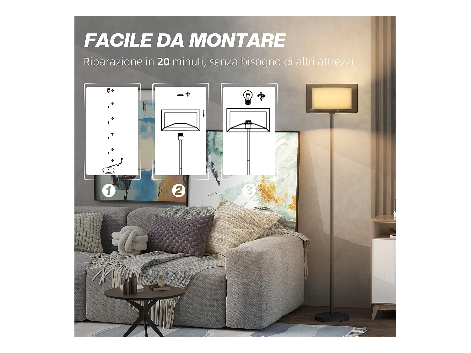 Lampada da terra moderna con doppio paralume e interruttore a pedale