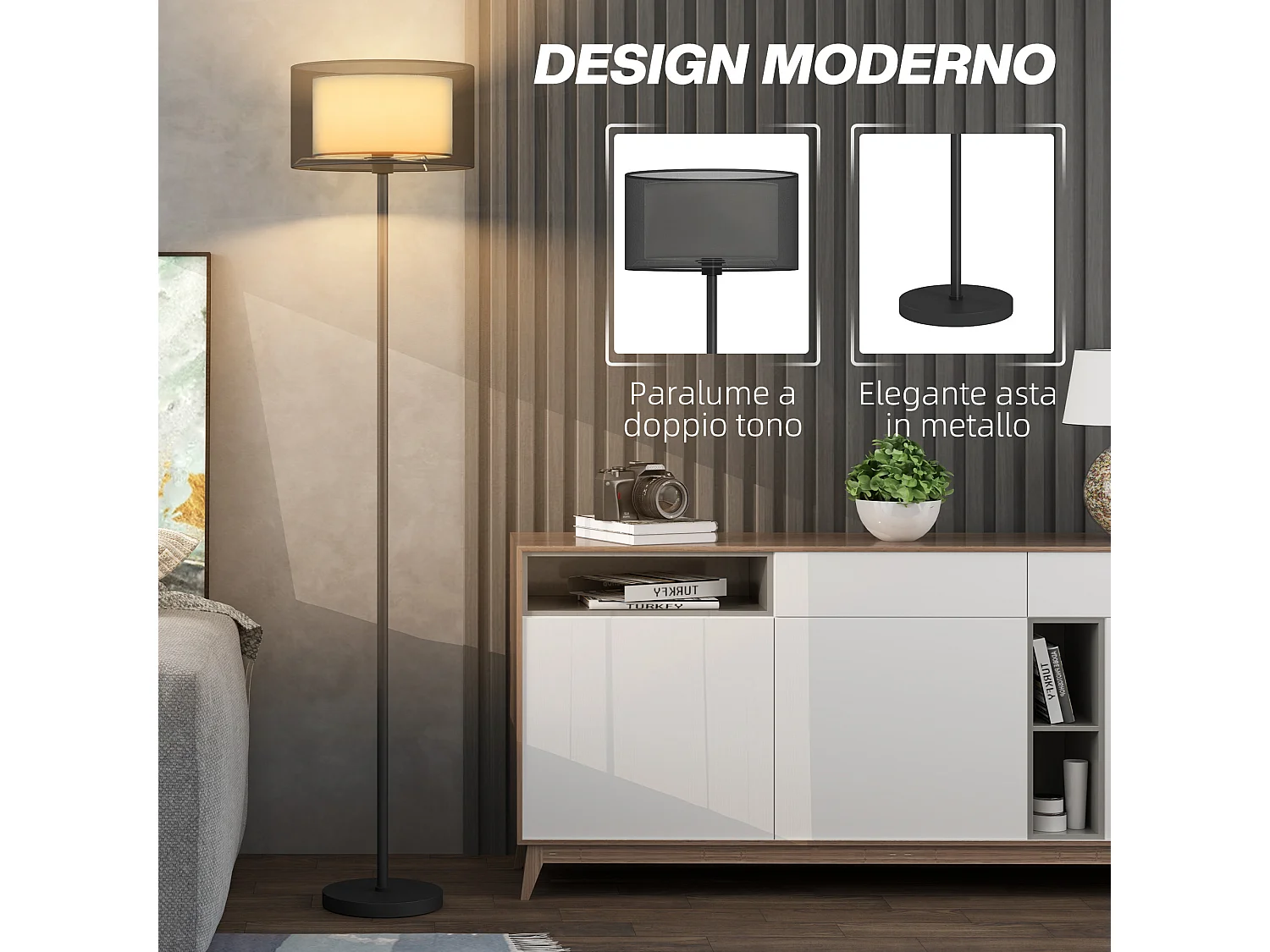 Lampada da terra moderna con doppio paralume e interruttore a pedale