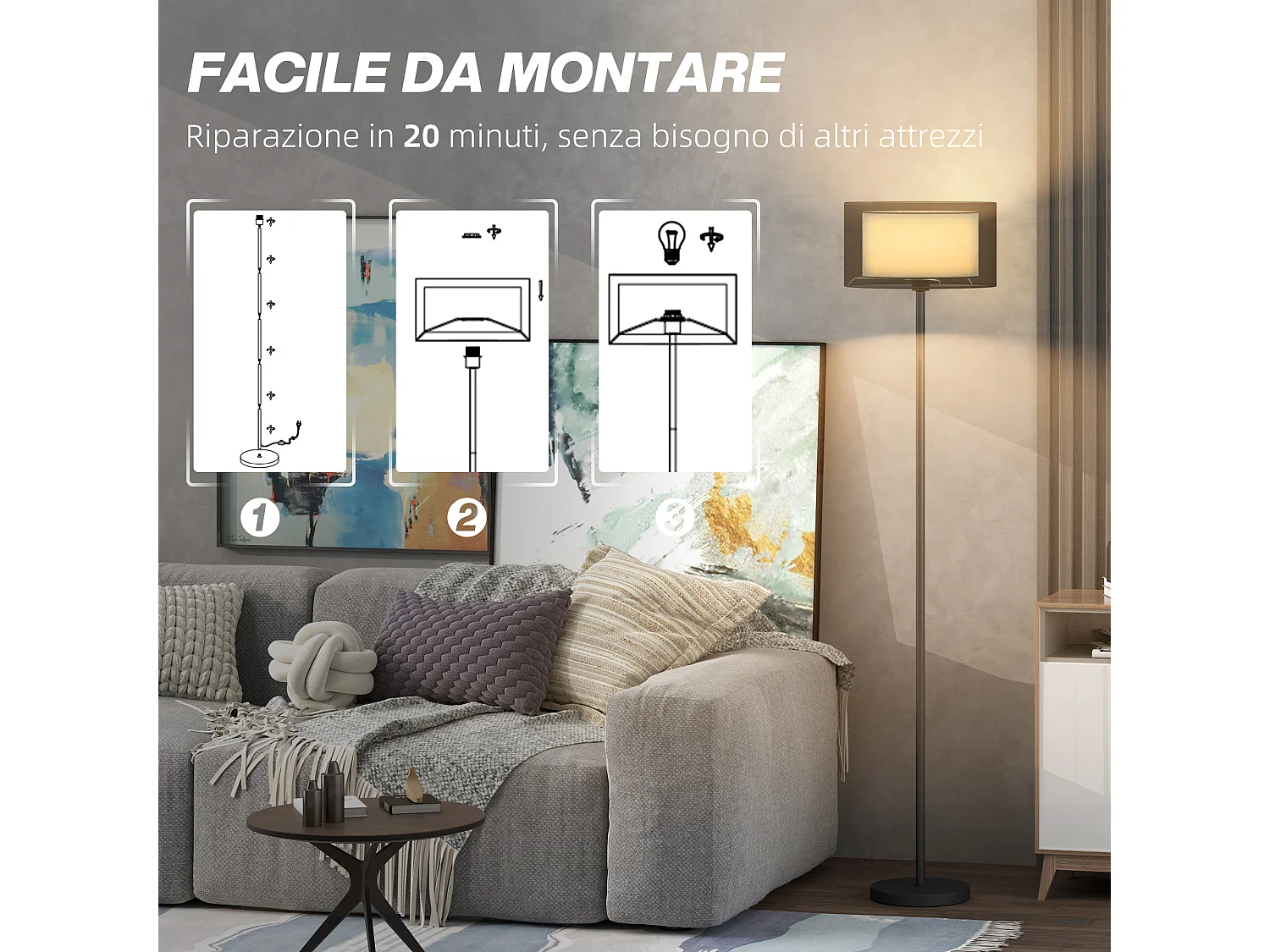 Lampada da terra moderna con doppio paralume e interruttore a pedale