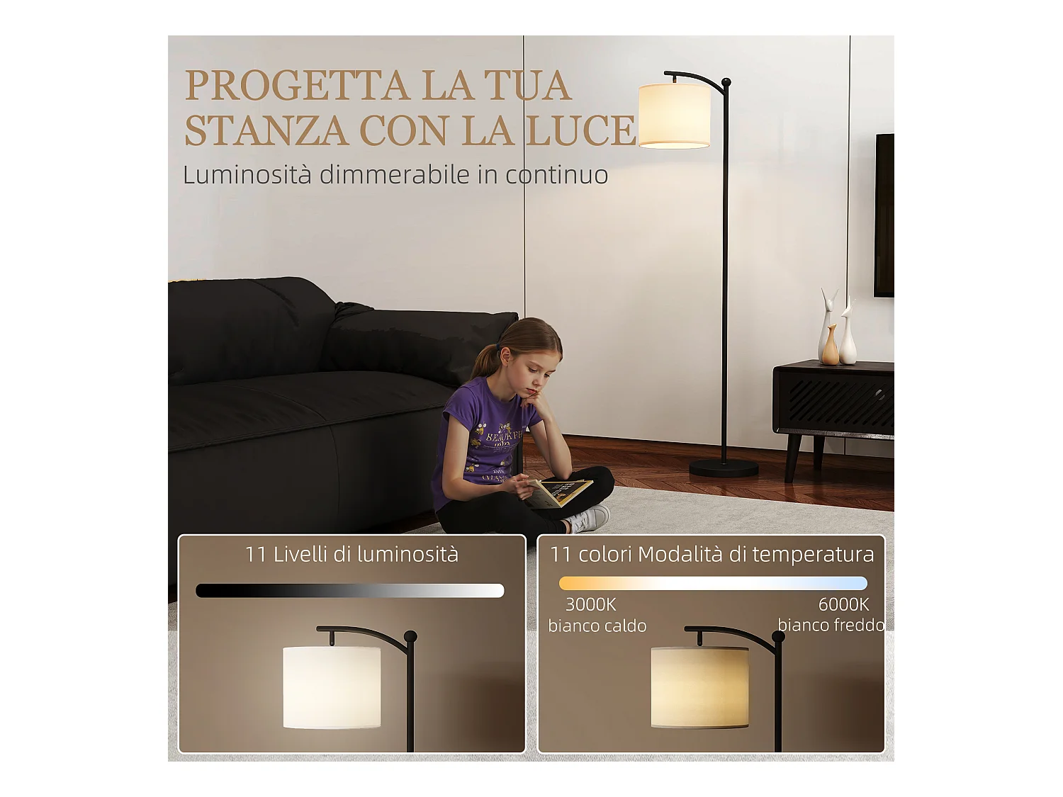 Lampada da terra led regolabile con telecomando e timer nero