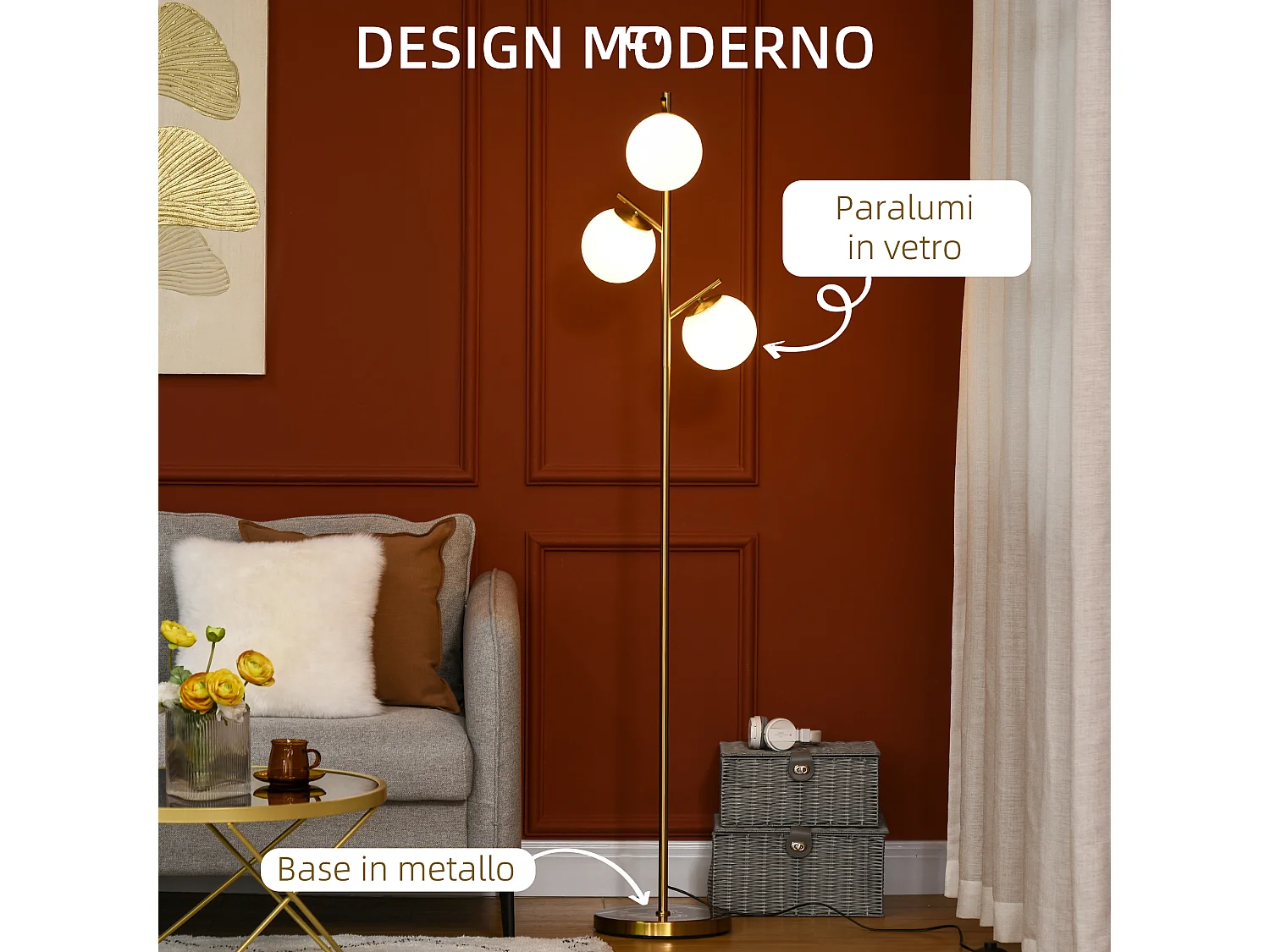 Lampada da terra moderna con 3 punti luce acciaio e vetro