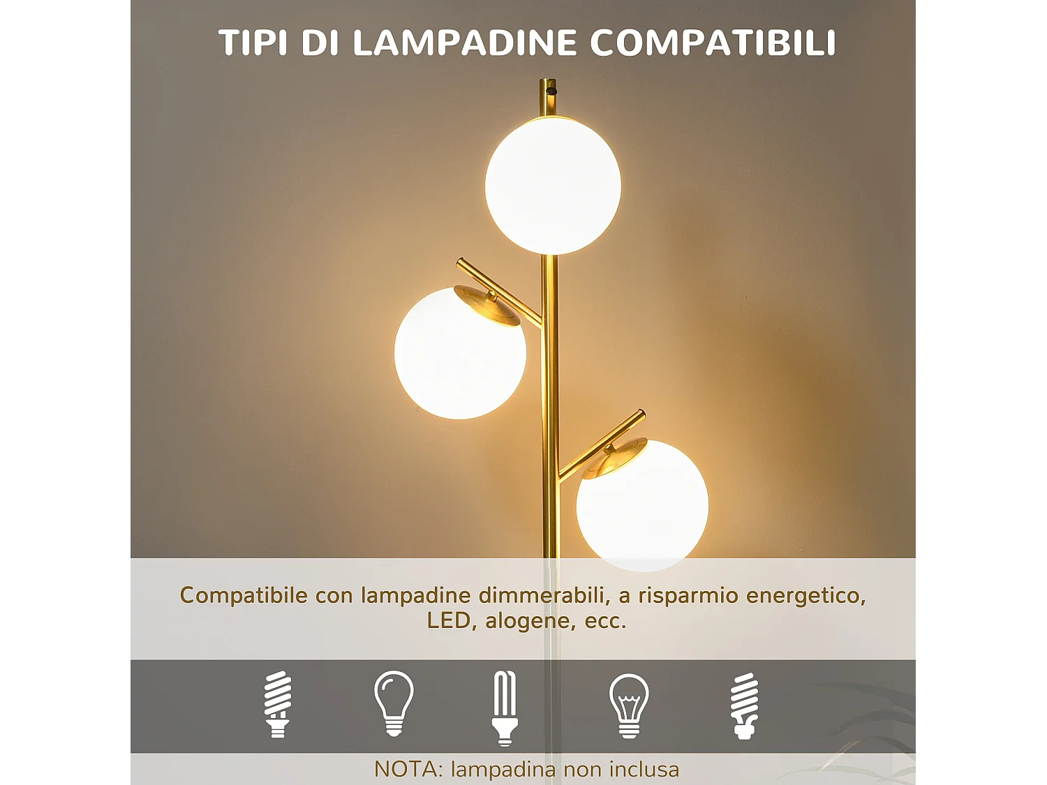 Lampada da terra moderna con 3 punti luce acciaio e vetro