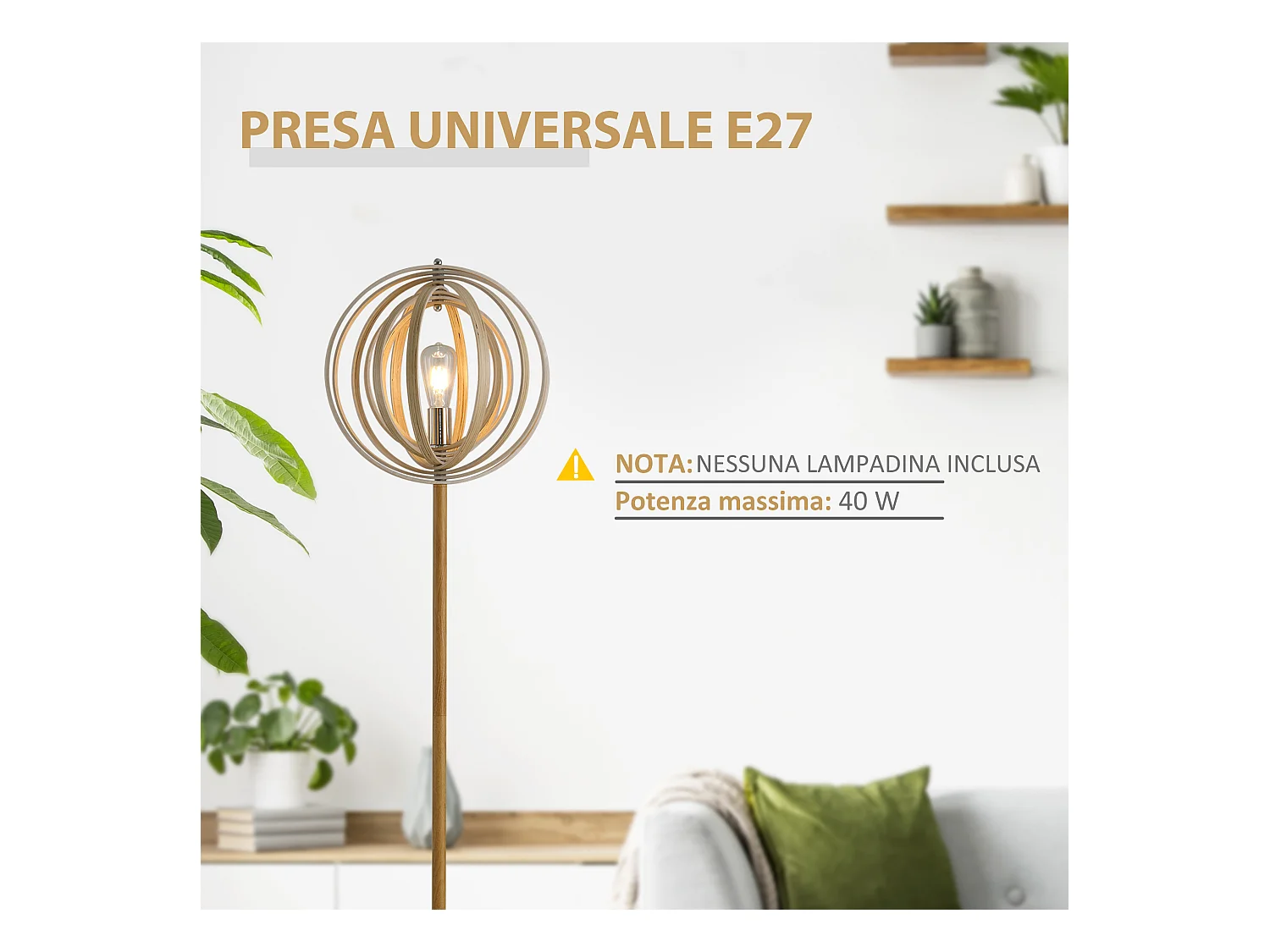 Lampada da terra con paralume regolabile per lampadine e27 in legno