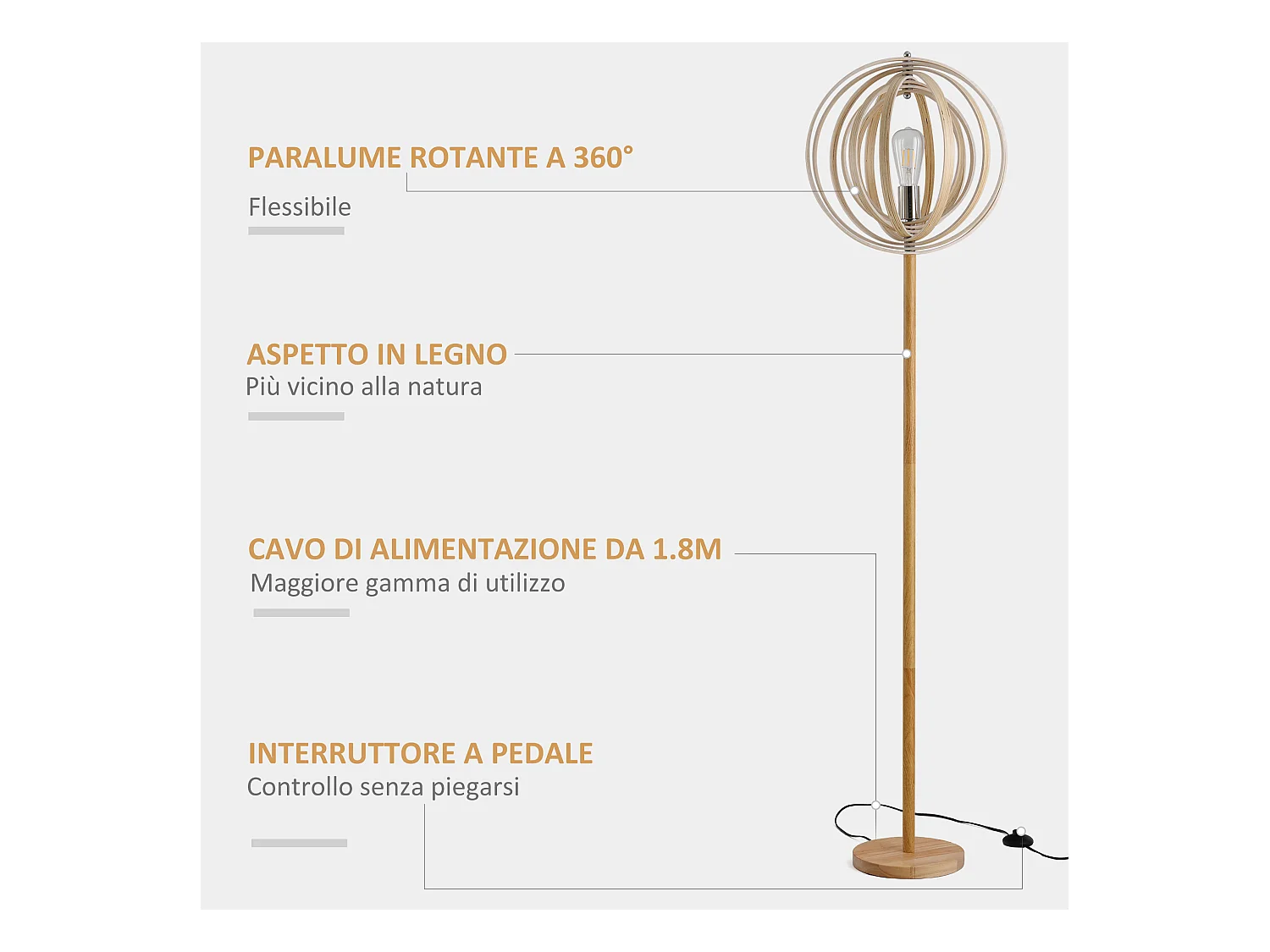 Lampada da terra con paralume regolabile per lampadine e27 in legno