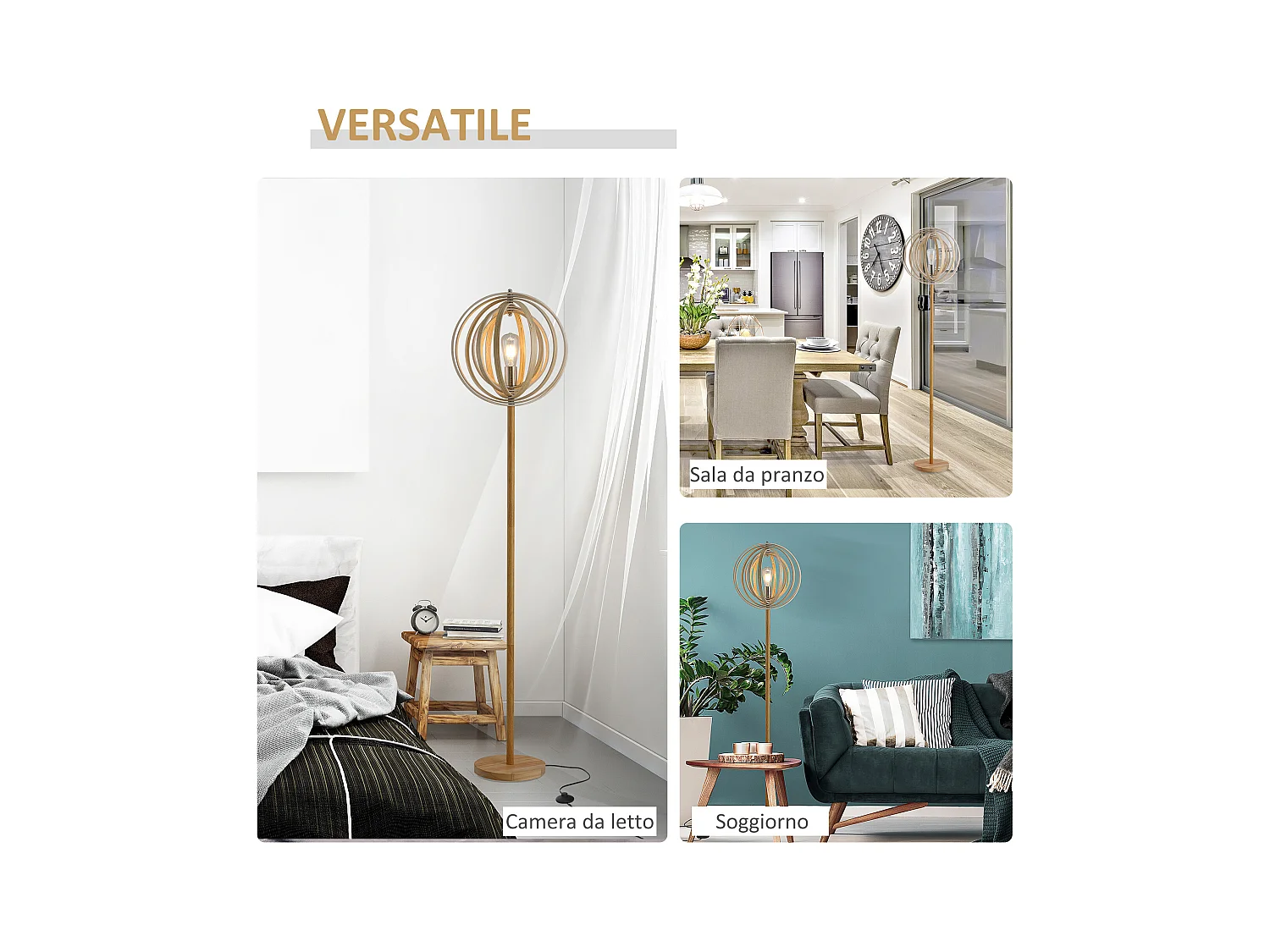 Lampada da terra con paralume regolabile per lampadine e27 in legno