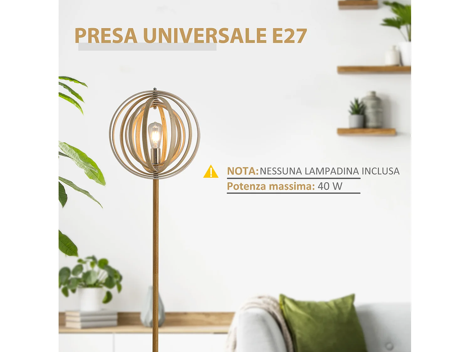 Lampada da terra con paralume regolabile per lampadine e27 in legno