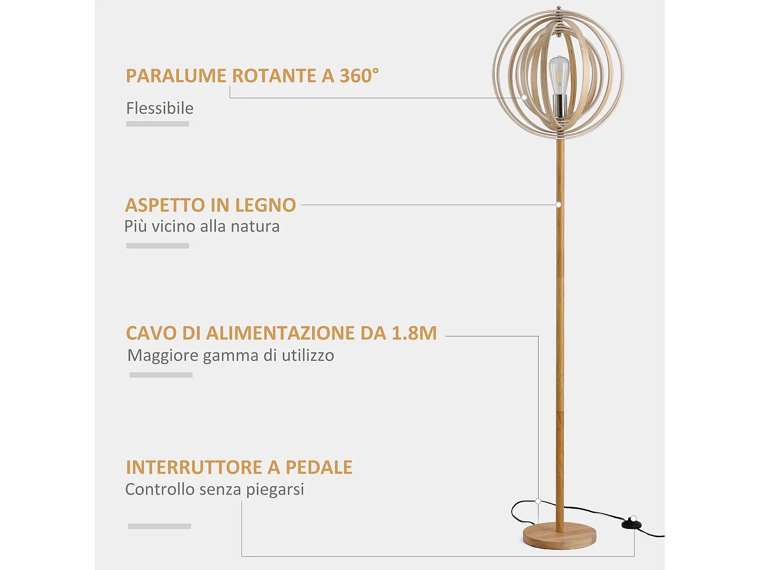 Lampada da terra con paralume regolabile per lampadine e27 in legno