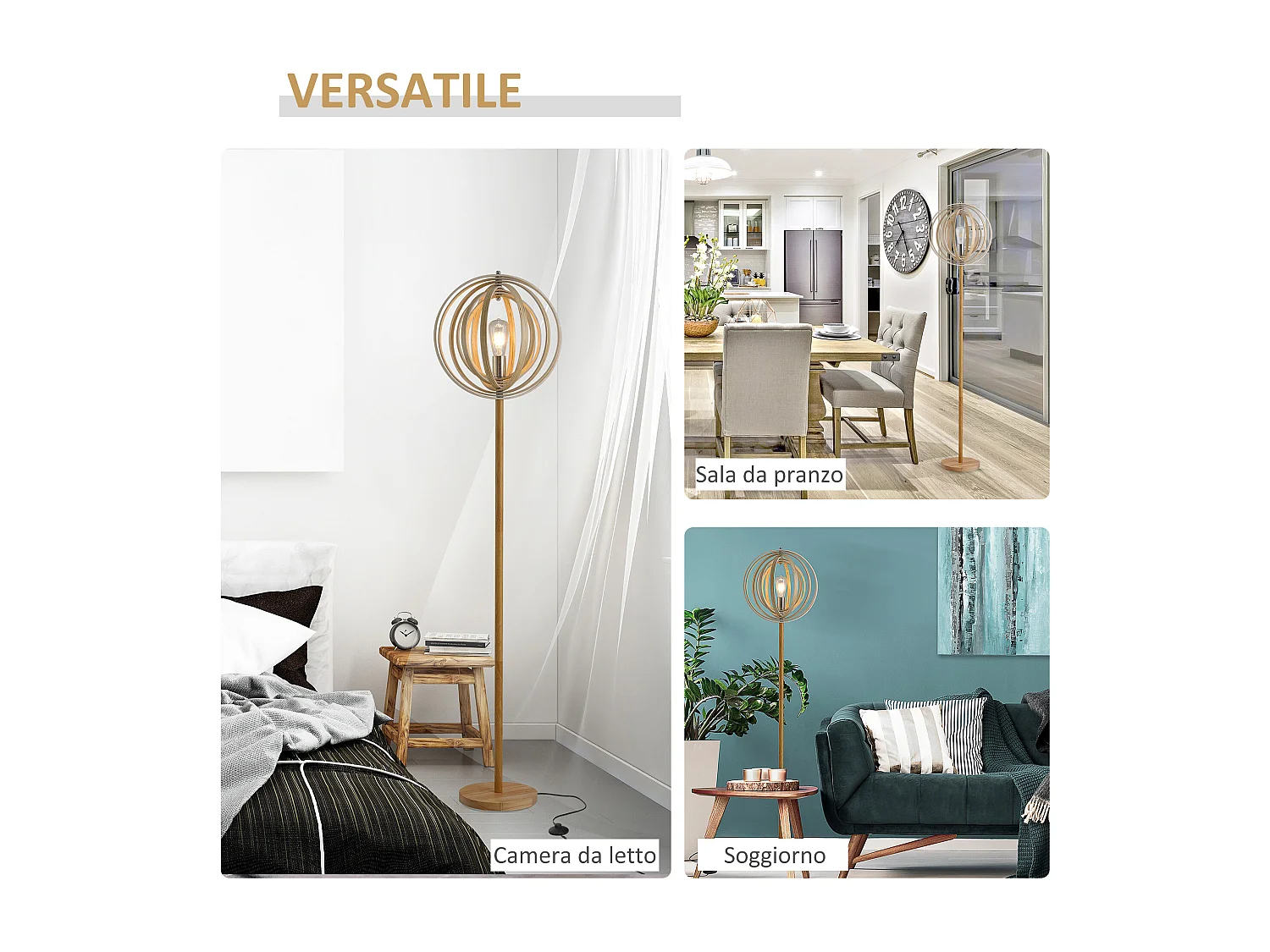 Lampada da terra con paralume regolabile per lampadine e27 in legno