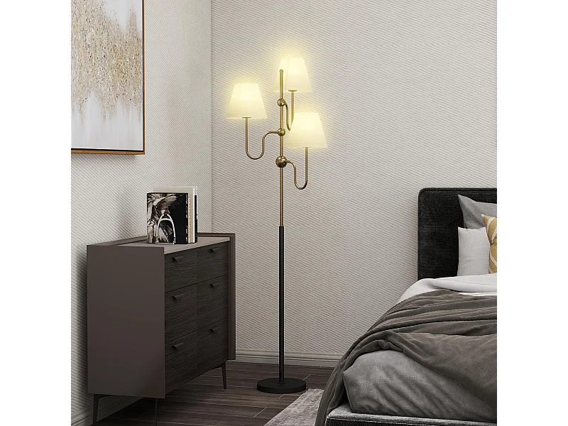 Lampada da terra con 3 punti luce e interruttore a pedale oro