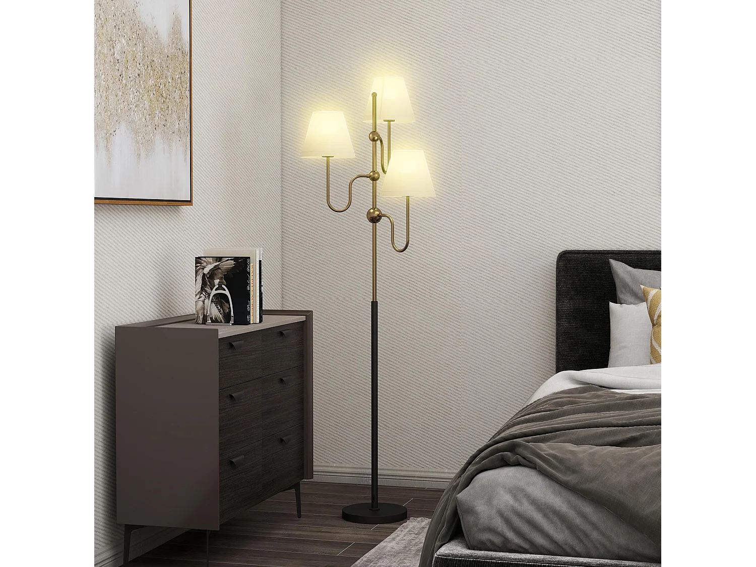 Lampada da terra con 3 punti luce e interruttore a pedale oro