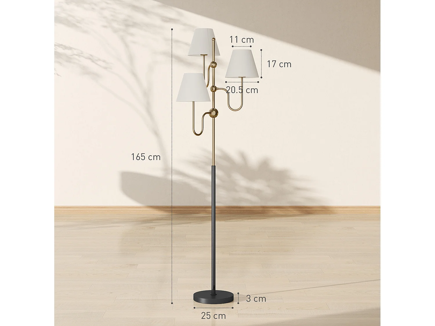 Lampada da terra con 3 punti luce e interruttore a pedale oro