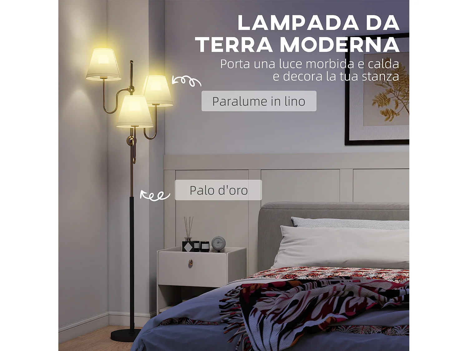 Lampada da terra con 3 punti luce e interruttore a pedale oro