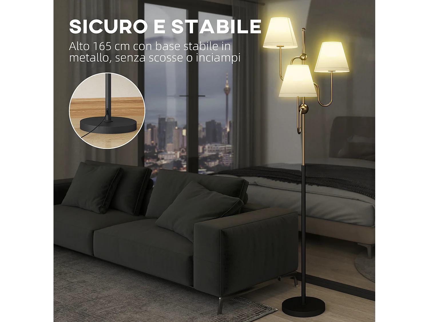 Lampada da terra con 3 punti luce e interruttore a pedale oro