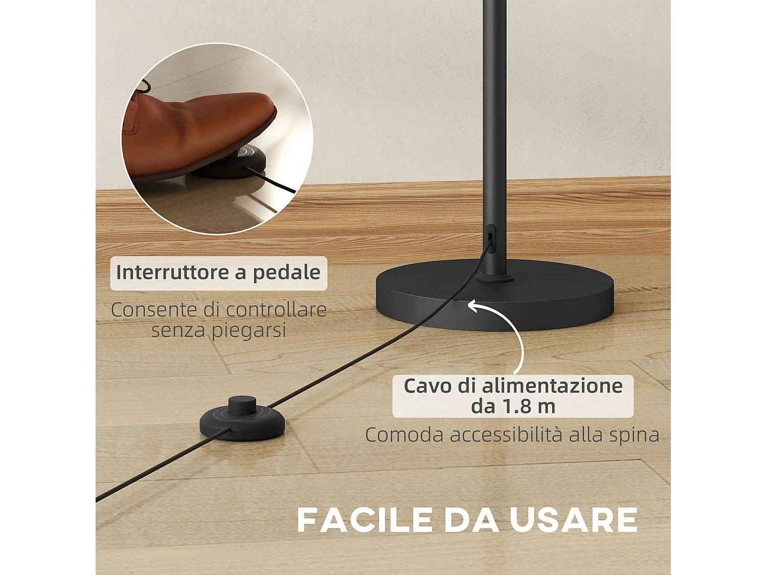 Lampada da terra con 3 punti luce e interruttore a pedale oro