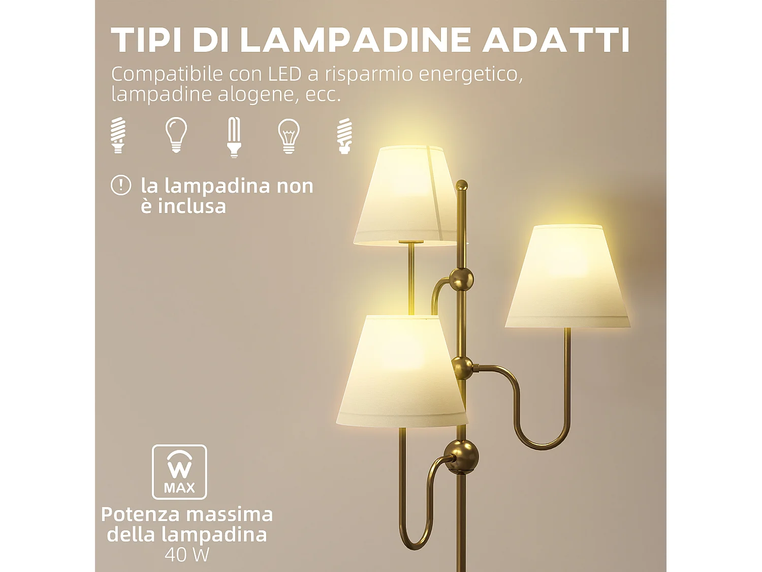 Lampada da terra con 3 punti luce e interruttore a pedale oro