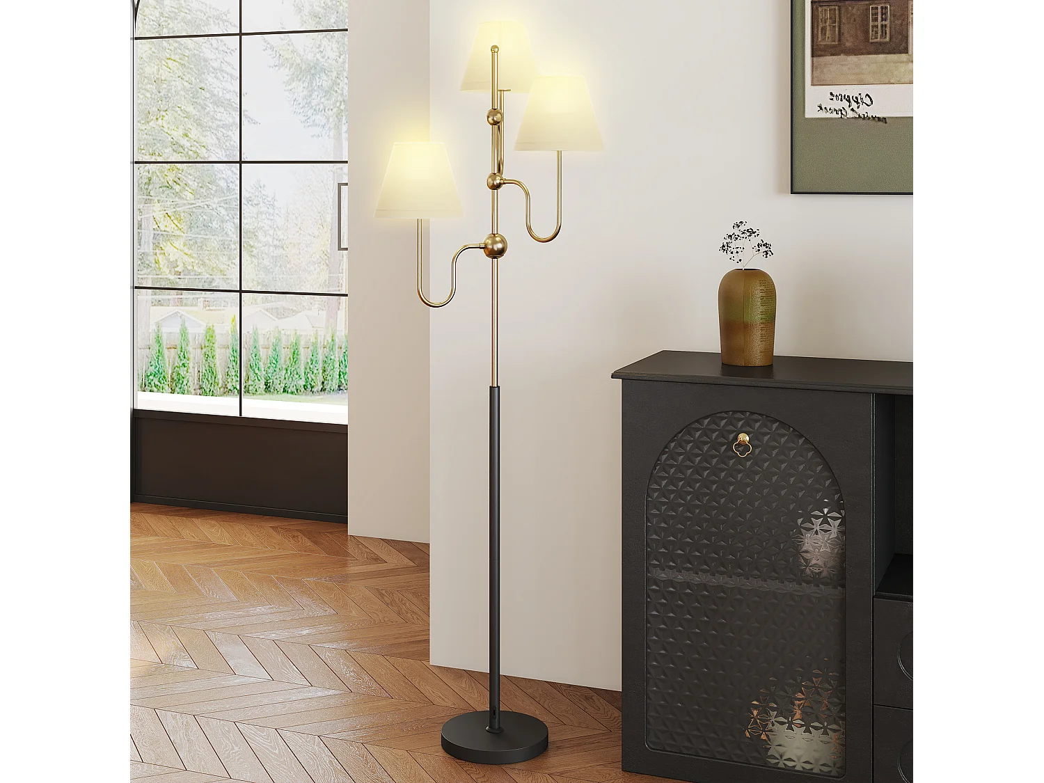 Lampada da terra con 3 punti luce e interruttore a pedale oro