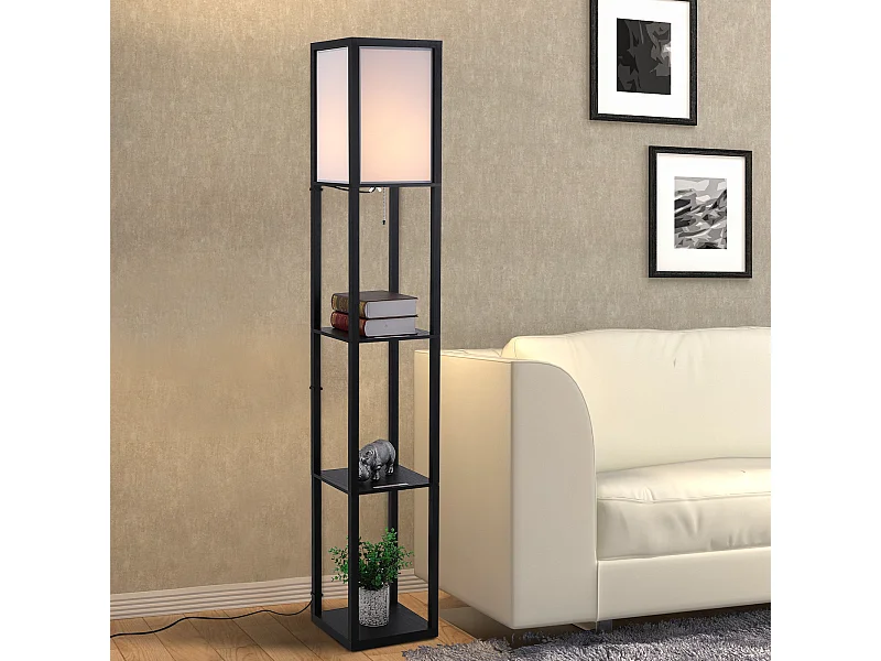 Lampada da terra interna con ripiani in cotone e mdf nero e bianco