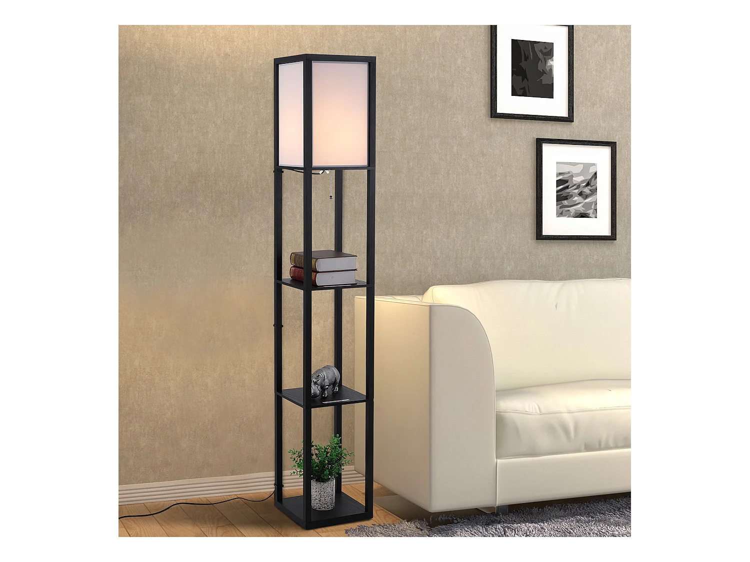 Lampada da terra interna con ripiani in cotone e mdf nero e bianco