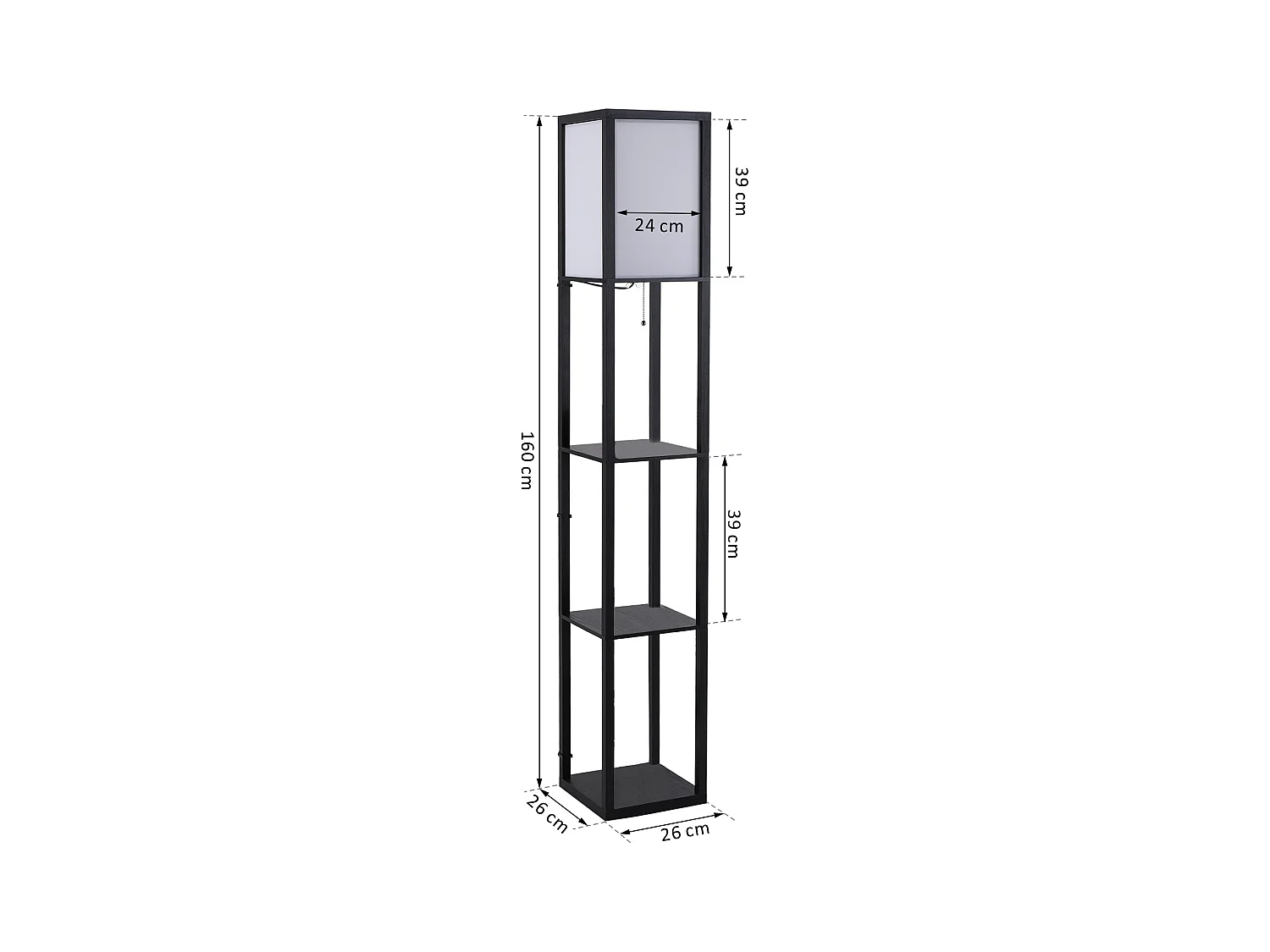 Lampada da terra interna con ripiani in cotone e mdf nero e bianco