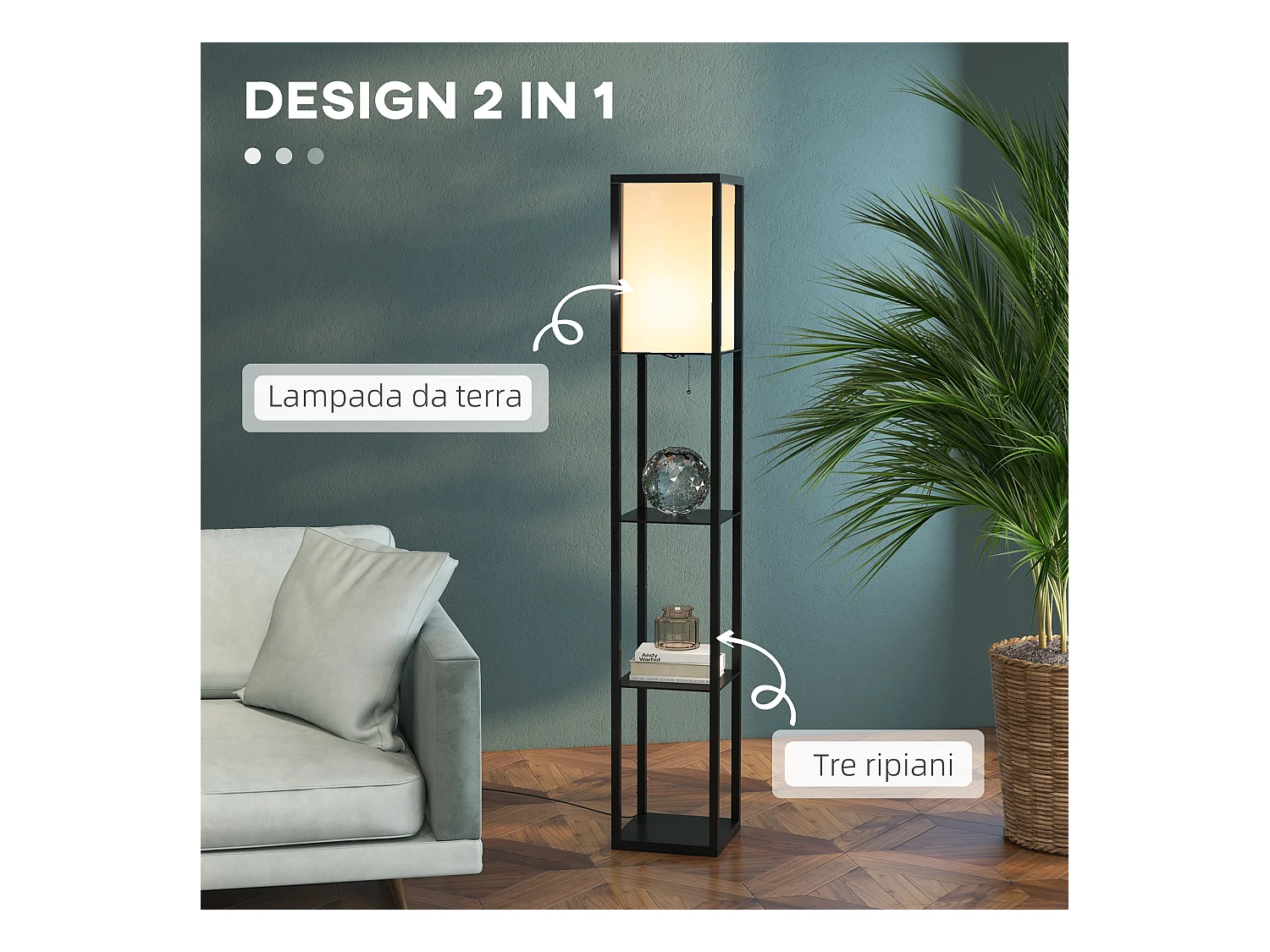 Lampada da terra interna con ripiani in cotone e mdf nero e bianco