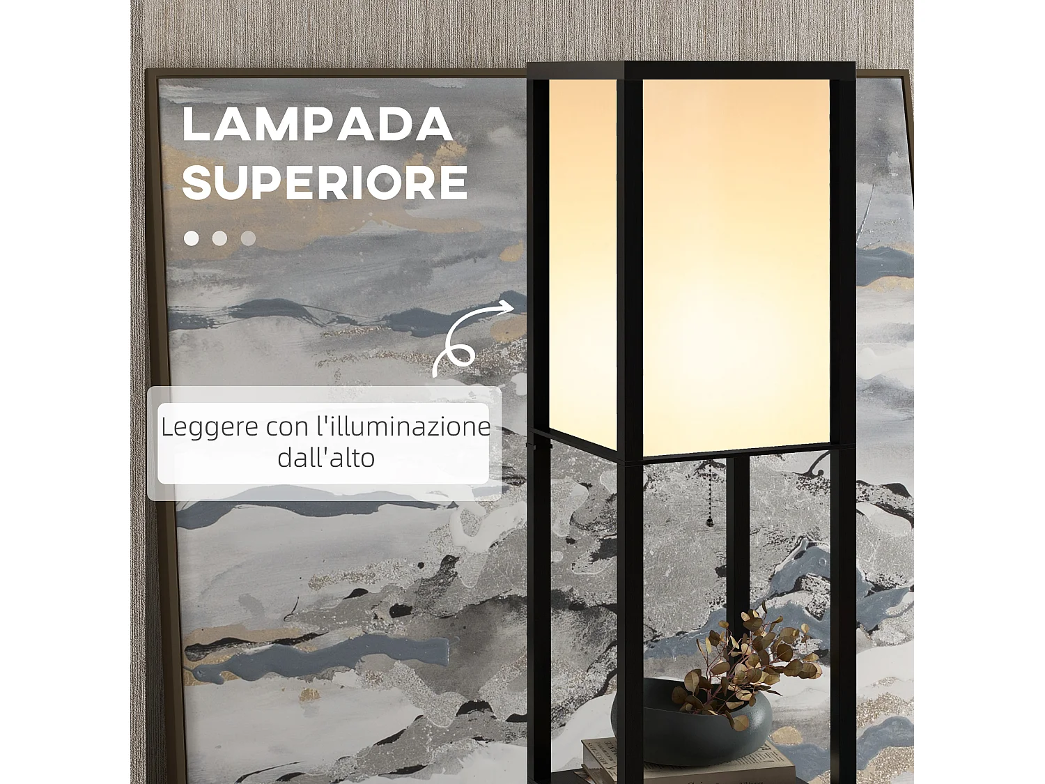 Lampada da terra interna con ripiani in cotone e mdf nero e bianco