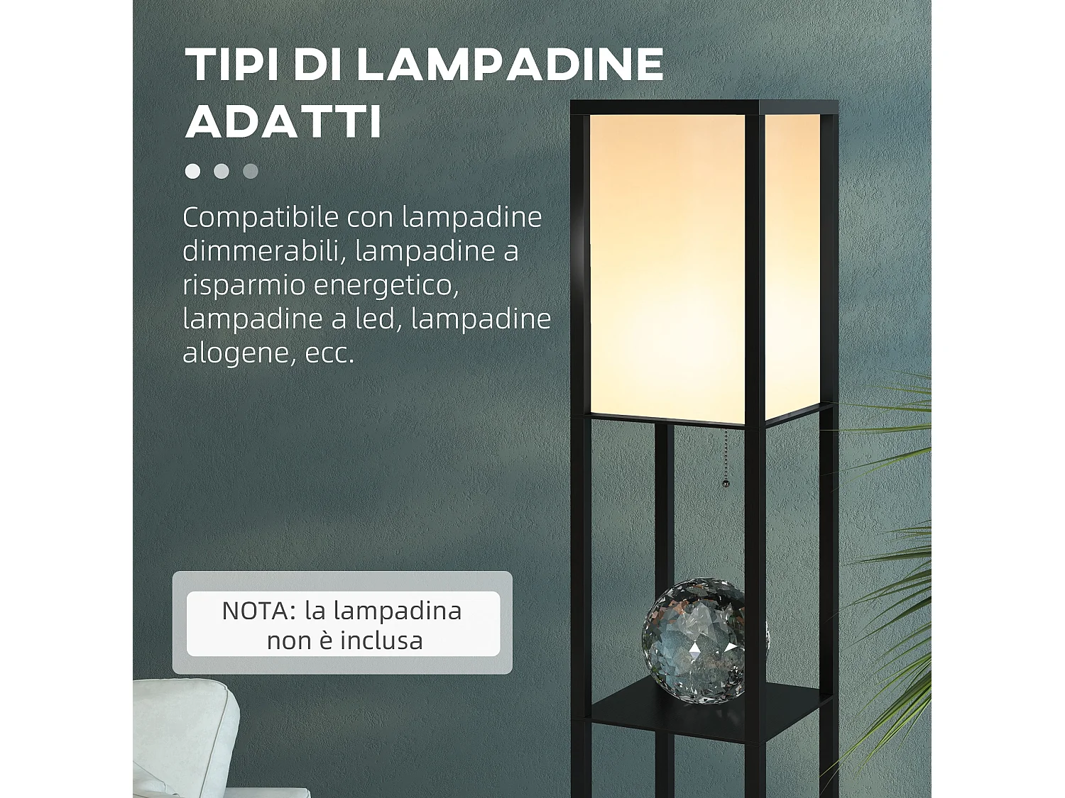 Lampada da terra interna con ripiani in cotone e mdf nero e bianco