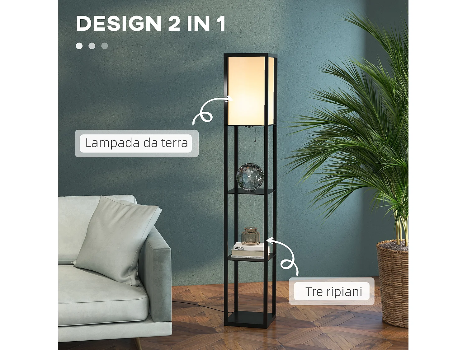 Lampada da terra interna con ripiani in cotone e mdf nero e bianco