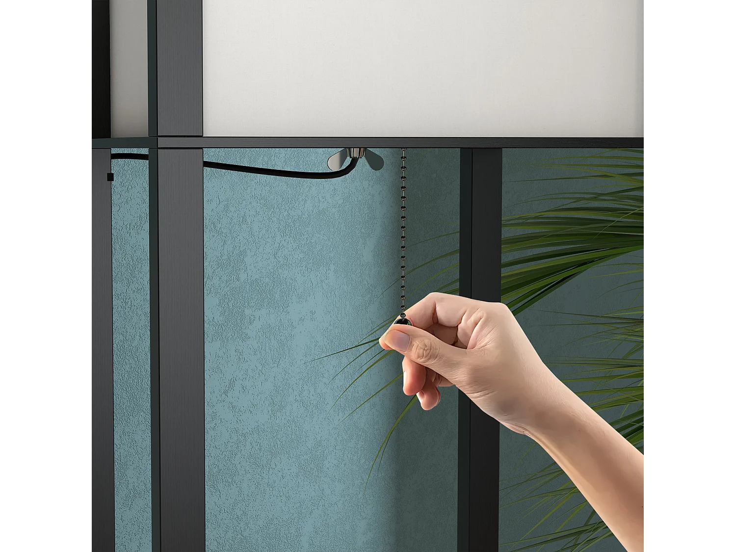 Lampada da terra interna con ripiani in cotone e mdf nero e bianco