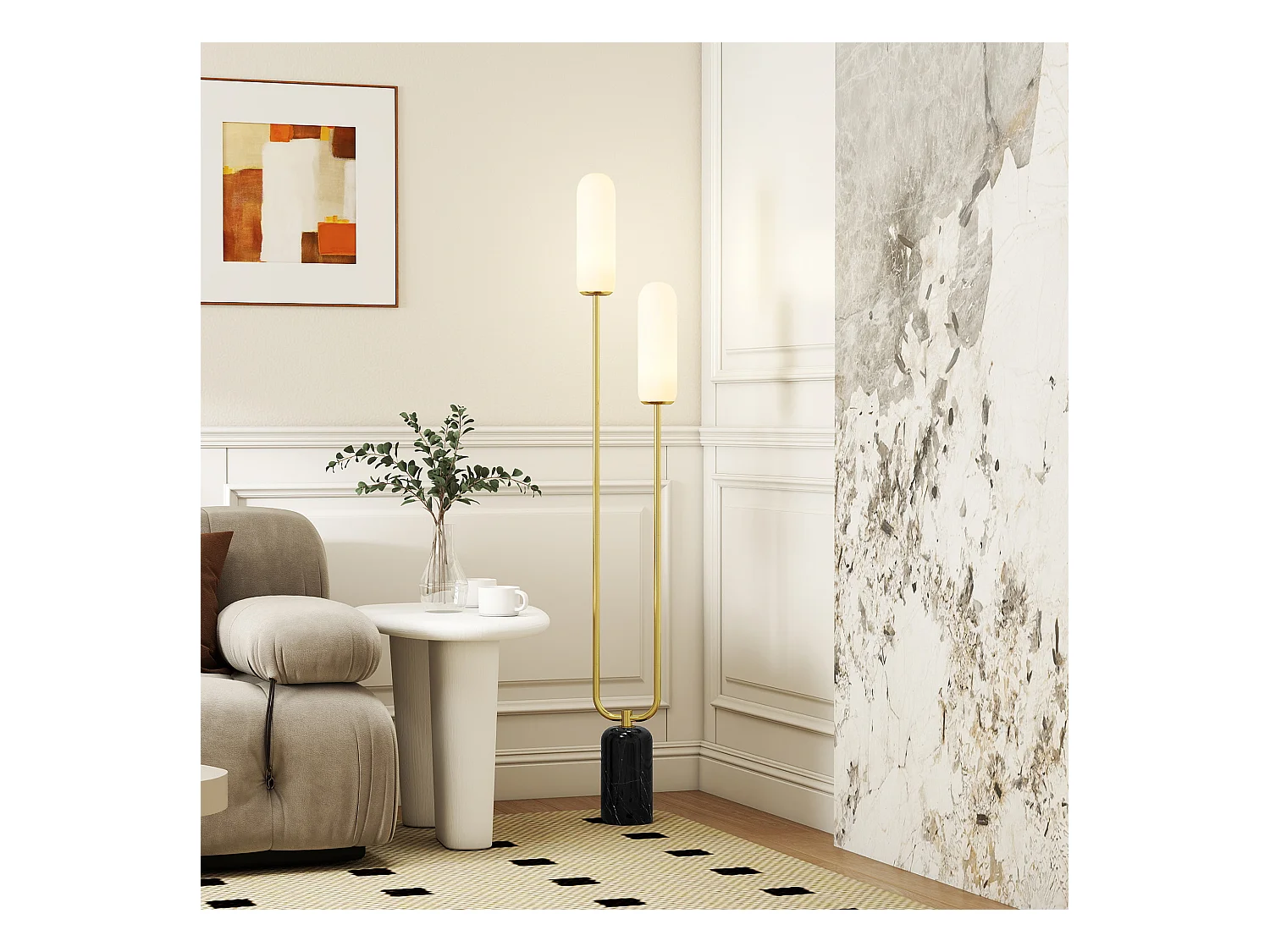 Lampada da terra a u con 2 luci interruttore a pedale bianco nero oro