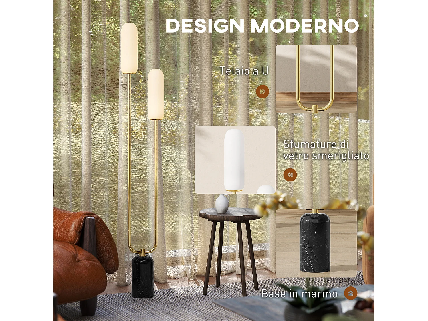 Lampada da terra a u con 2 luci interruttore a pedale bianco nero oro