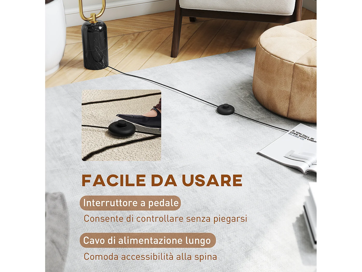 Lampada da terra a u con 2 luci interruttore a pedale bianco nero oro