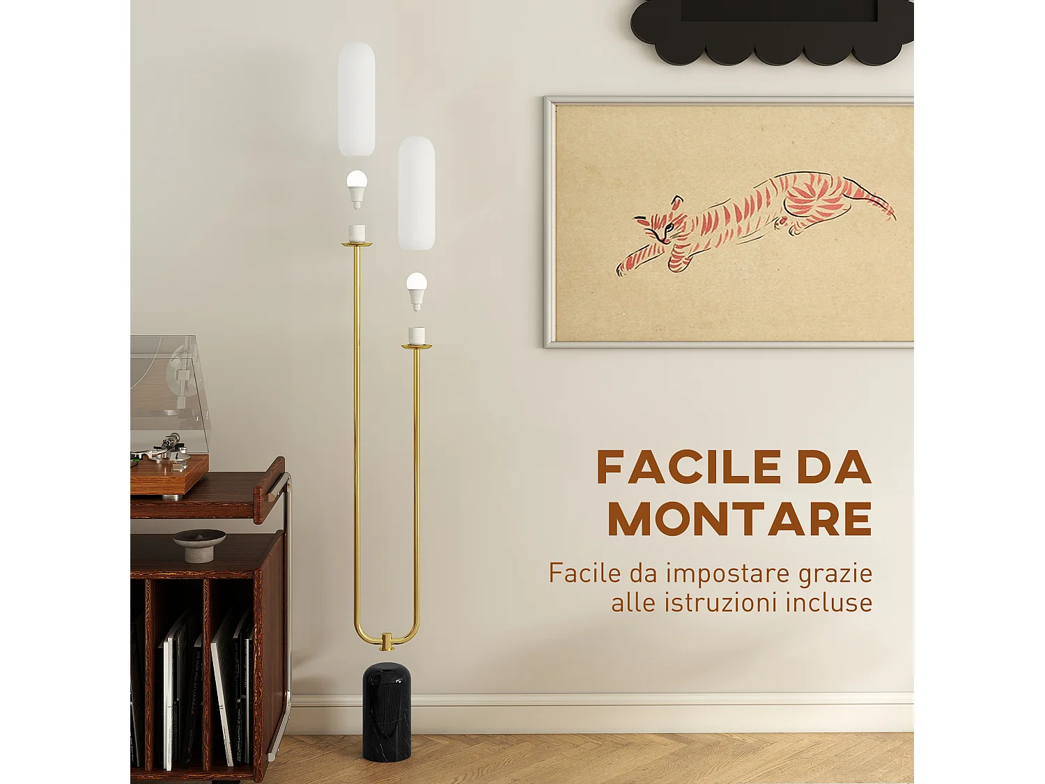 Lampada da terra a u con 2 luci interruttore a pedale bianco nero oro