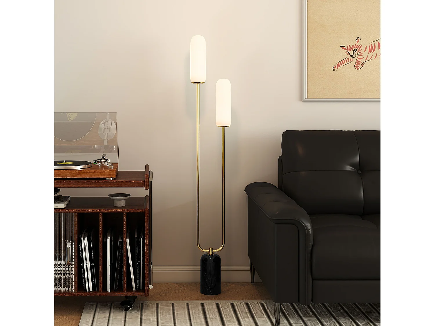 Lampada da terra a u con 2 luci interruttore a pedale bianco nero oro