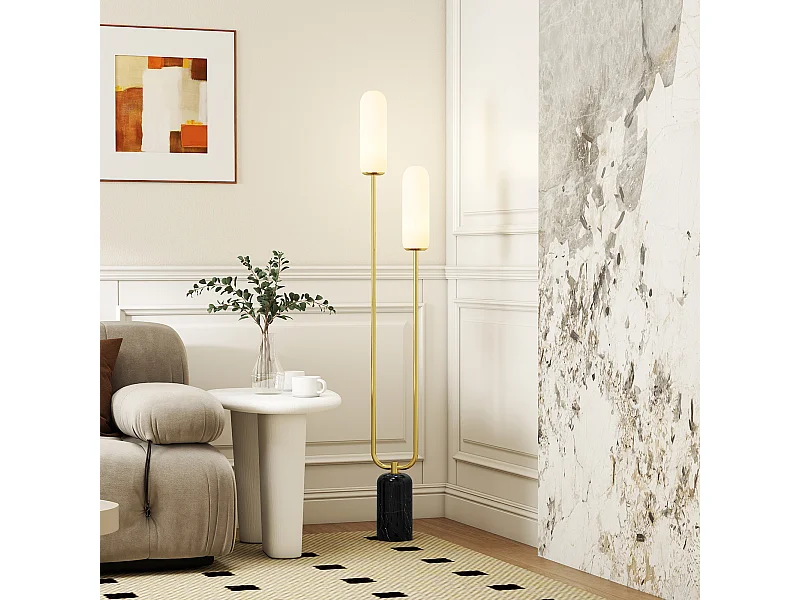 Lampada da terra a u con 2 luci interruttore a pedale bianco nero oro