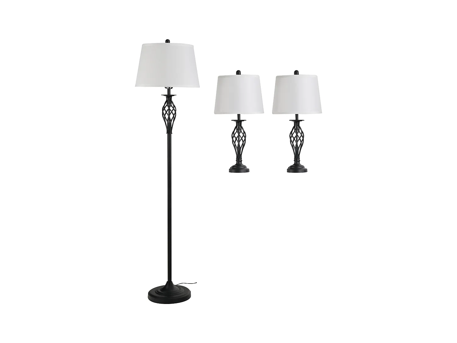 Lampada da terra e 2 lampade da tavolo in metallo nero e bianco