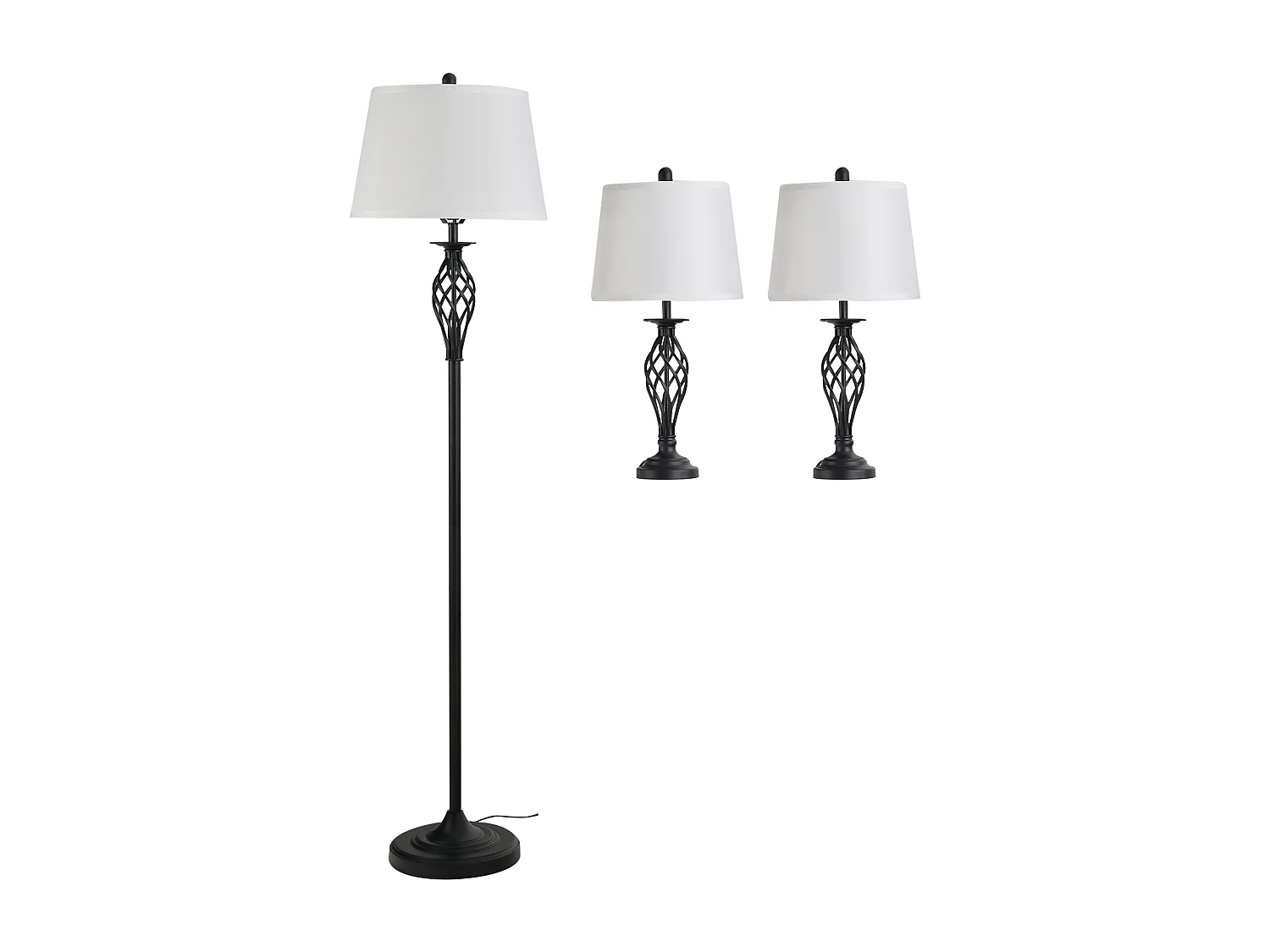 Lampada da terra e 2 lampade da tavolo in metallo nero e bianco