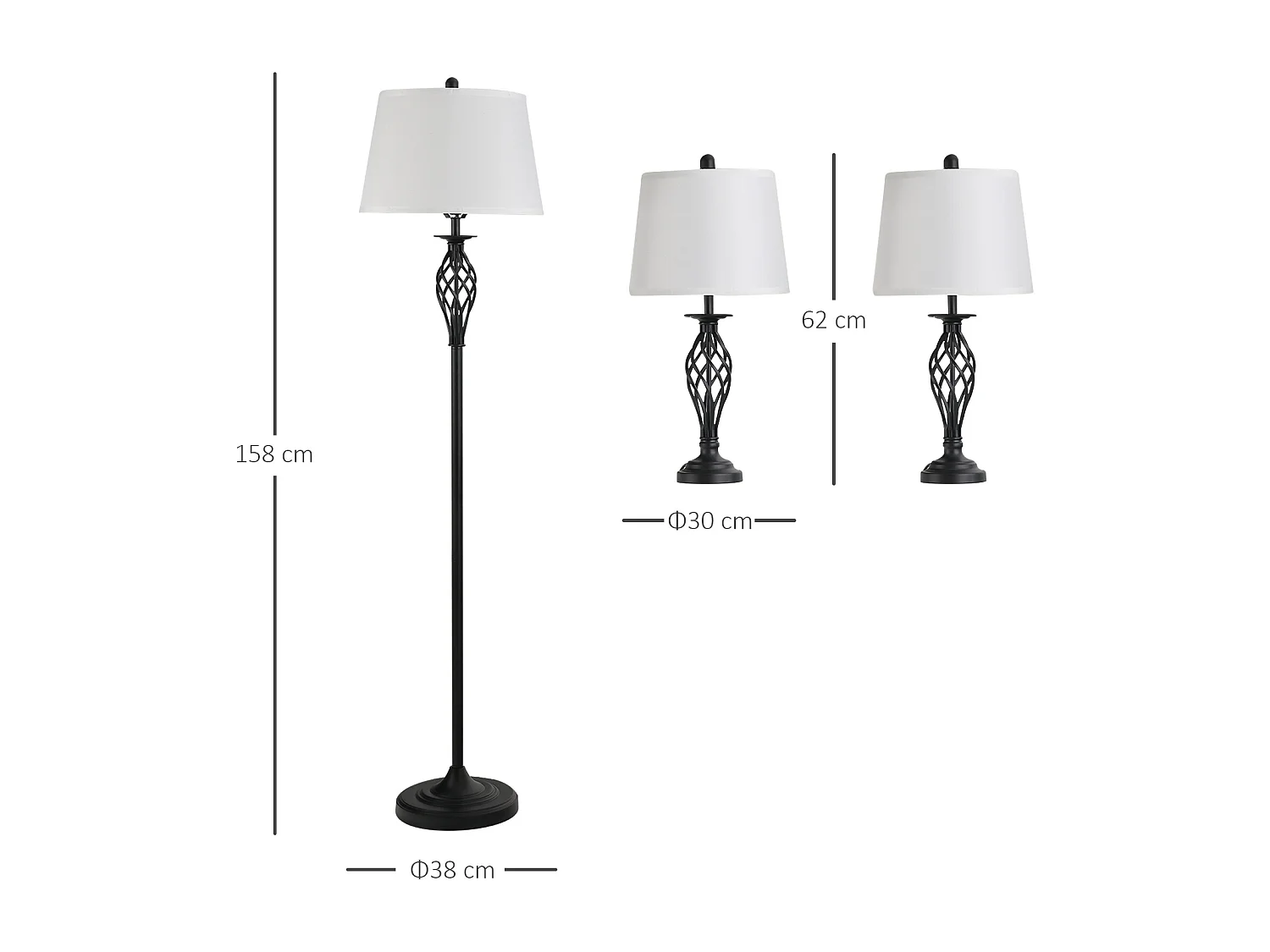 Lampada da terra e 2 lampade da tavolo in metallo nero e bianco