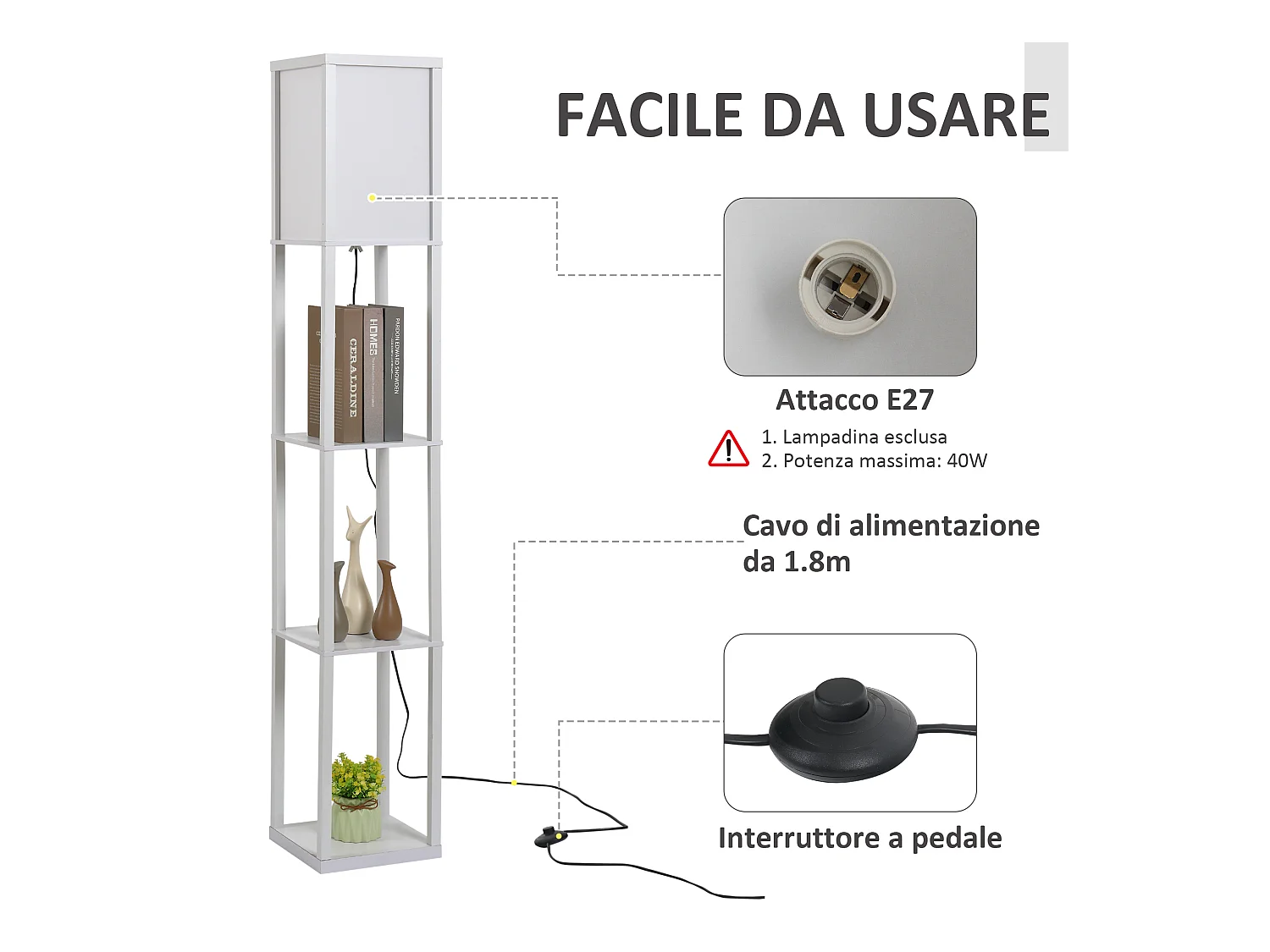 Lampada Moderna Potenza 40W Attacco E27 3 Mensole Integrate